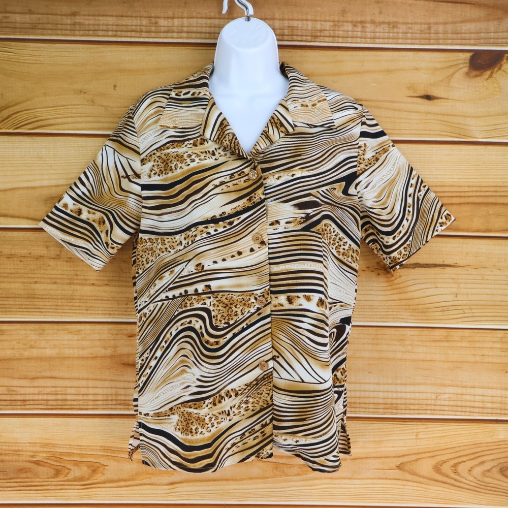 Briggs New York Short Sleeve Button Up‎ Shirt Womens M Brown Geometric Oversized